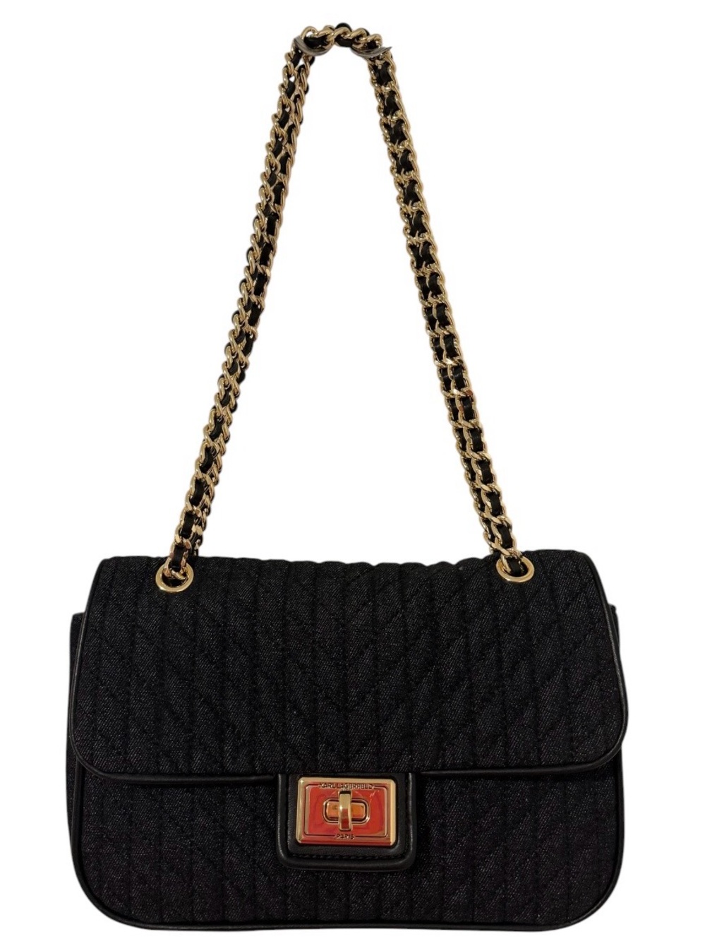 Karl Lagerfeld Paris Black Quilted Denim Chain Strap Shoulder Bag Handbag NWT